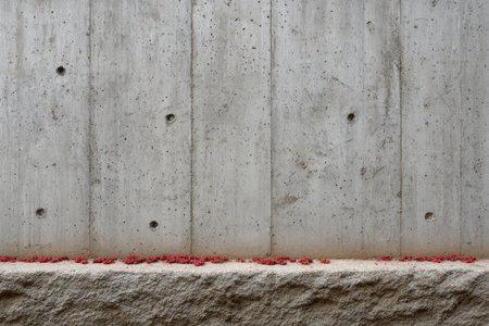 Old concrete wall with red flowers. Abstract background and texture for design.の素材