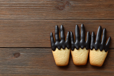 Delicious cookies with chocolate glaze on wooden table, top viewの素材