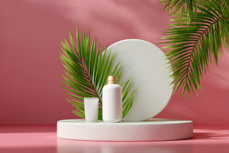 3d render of cosmetic product display podium with palm leaf on pink backgroundの素材