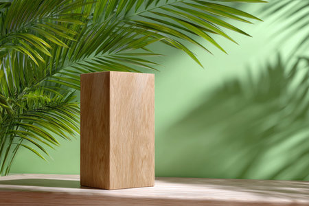 Wooden cube podium with palm leaves on green background. 3d renderの素材