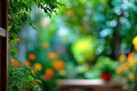 Blurred bokeh background of green garden with sunlight and bokehの素材