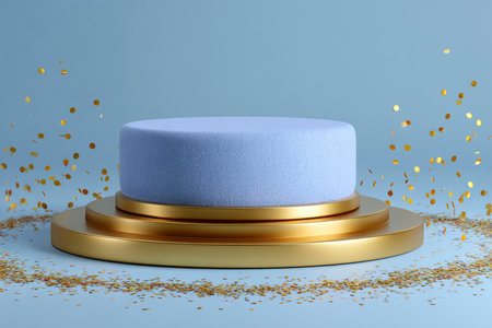 3d render podium with confetti on blue background. Scene for product presentation.の素材