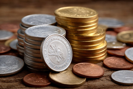 Stack of coins on wooden background. Financial concept. Selective focus.の素材