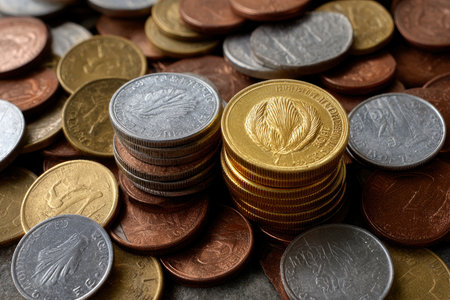 Coins of different countries are scattered on the table. Selective focus.の素材