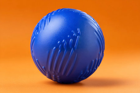 Blue ball on an orange background, close-up. Studio photography.の素材