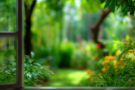 Blurred background of garden with bokeh light from window.の素材