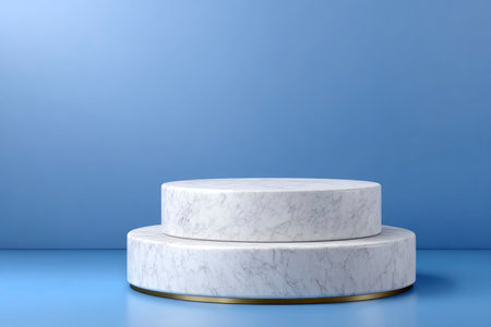 3d render of white marble podium on blue background. Mockup for product presentation.の素材