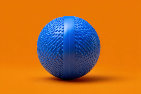 Blue fitness ball isolated on orange background. 3d render illustration.の素材
