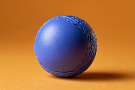 Blue ball for bowling on an orange background. Close-up.の素材