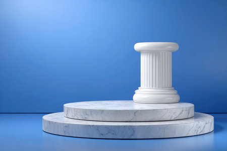 White marble pedestal on blue background. 3d render illustration.の素材