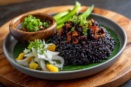 Black rice with fried onion and chilli sauce, Thai food styleの素材