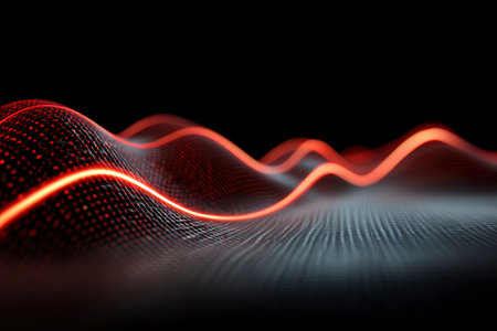 3d rendering of abstract digital sound wave with red particles on black backgroundの素材