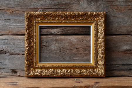 Vintage picture frame on wooden background. Copy space for text.の素材