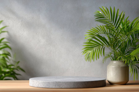 3d render of a concrete pedestal with a palm tree and a vaseの素材
