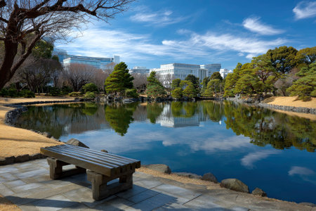 Japanese garden with a bench and office buildings in the background, Tokyo, Japanの素材