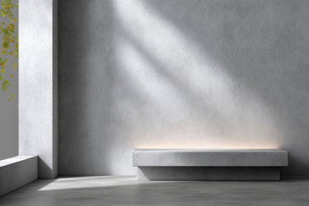 Minimalist concrete interior with bench and sunlight. 3D Renderingの素材