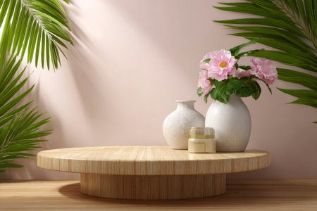 Wooden podium and vase with pink flowers. 3d renderingの素材
