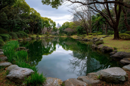 Landscape of japanese garden with pond and rock in the parkの素材