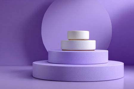 3d render of white round podium on purple background. Mock up for product presentation.の素材