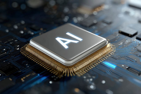 Closeup of a CPU chip on a computer circuit board (3D render)の素材