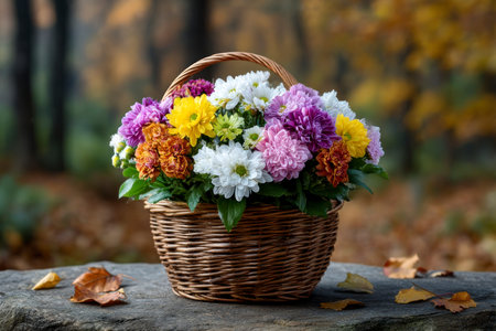 Colorful autumn flowers in a wicker basket on the background of the autumn forestの素材