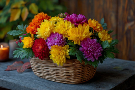 Autumn bouquet of chrysanthemums in a basketの素材