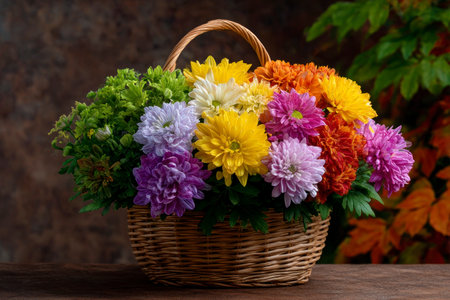 Colorful chrysanthemums in a basket on wooden backgroundの素材