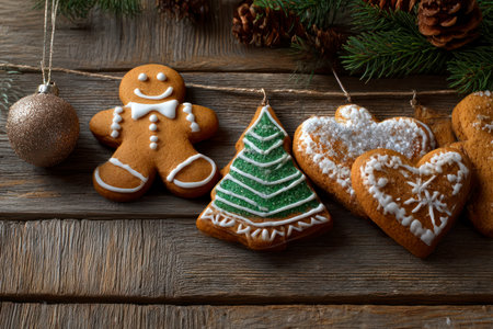 Christmas gingerbread cookies in the form of a Christmas tree on a wooden backgroundの素材