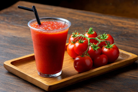 Tomato juice in a glass and fresh tomatoes on a wooden backgroundの素材