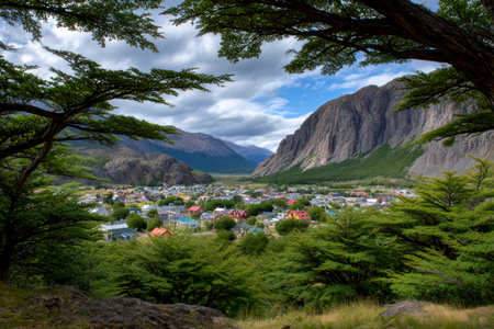 Village in the mountains, Torres del Paine National Park, Chileの素材
