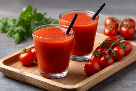 Glasses of fresh tomato juice and ingredients on table, closeupの素材
