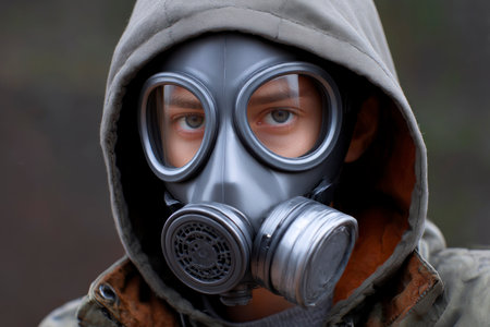 Portrait of a man in a gas mask on a blurred backgroundの素材
