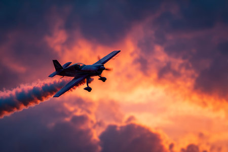 Airplane in the sky with clouds at sunset or sunrise background.の素材
