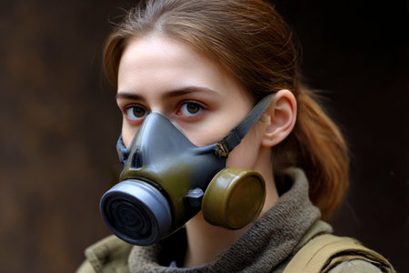 Portrait of a girl in a gas mask on a dark backgroundの素材