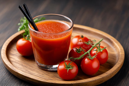 Tomato juice in a glass with fresh tomatoes on a wooden tableの素材