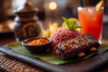Rice berry with grilled chicken wings and sauce in a restaurantの素材