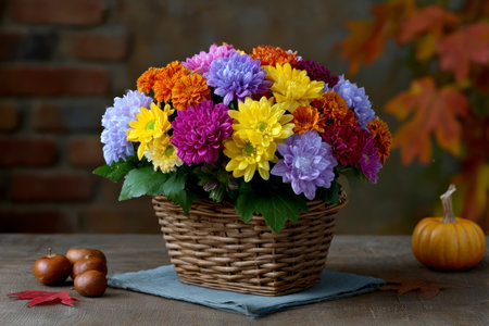Autumn bouquet of colorful chrysanthemums in a basketの素材