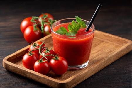 Glass of fresh tomato juice with mint and cherry tomatoes on wooden tableの素材