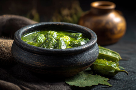 Spinach sauce in a clay bowl on a dark background.の素材
