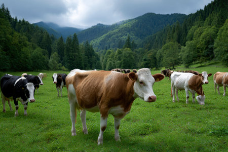 Cows grazing on a green meadow in the Carpathian mountainsの素材