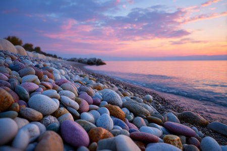 Colorful sunset over the sea with multicolored pebblesの素材