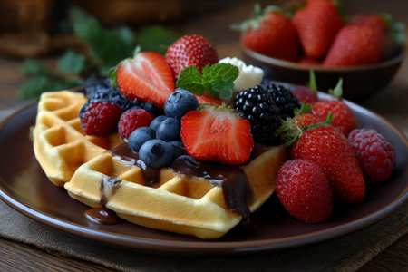 Belgian waffles with fresh berries and chocolate on brown plate, closeupの素材