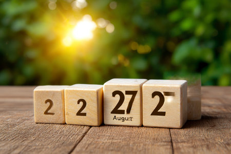 2022 new year number cube on wooden table with nature background.の素材