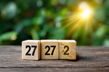 Wooden cubes with number 22 on wood table with green bokeh backgroundの素材