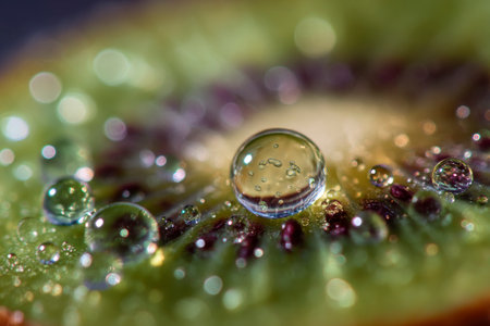 Macro shot of a kiwi fruit with dew dropsの素材