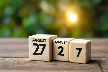 Wooden cubes with the date of August 27 on a wooden background.の素材