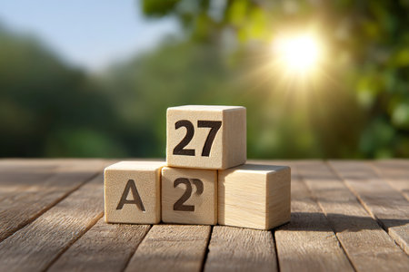 Wooden cubes with number 22 on a table in nature background.の素材