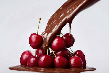 Cherries and chocolate splash on white background. Shallow dof.の素材