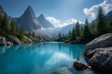Landscape of Dolomites mountain lake with turquoise waterの素材