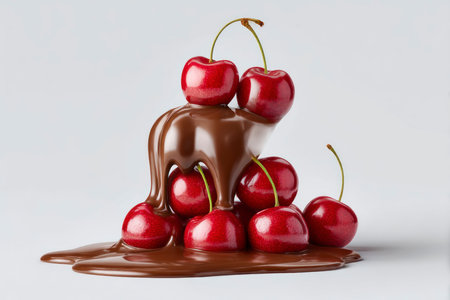 Chocolate and cherries on a white background, studio shot.の素材
